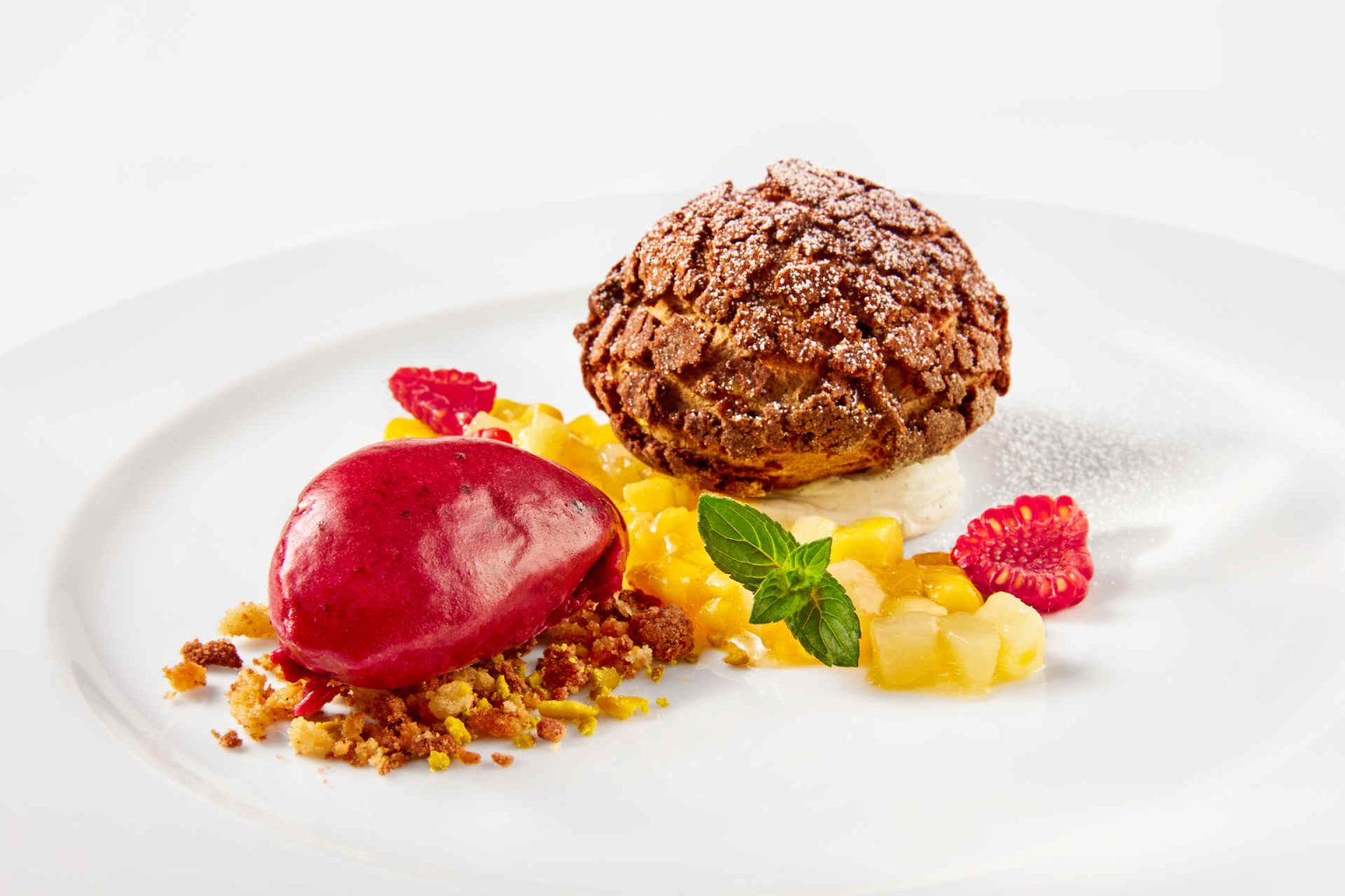 Dessert: Toni's chocolate craquelin on a fruit cocktail, served with cassis sorbet, photo provided